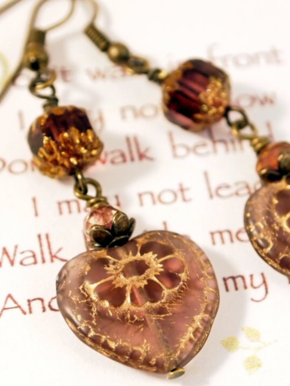 Victorian Heart Drop Earrings Czech Glass Bead Pierced or Clip-on Earrings